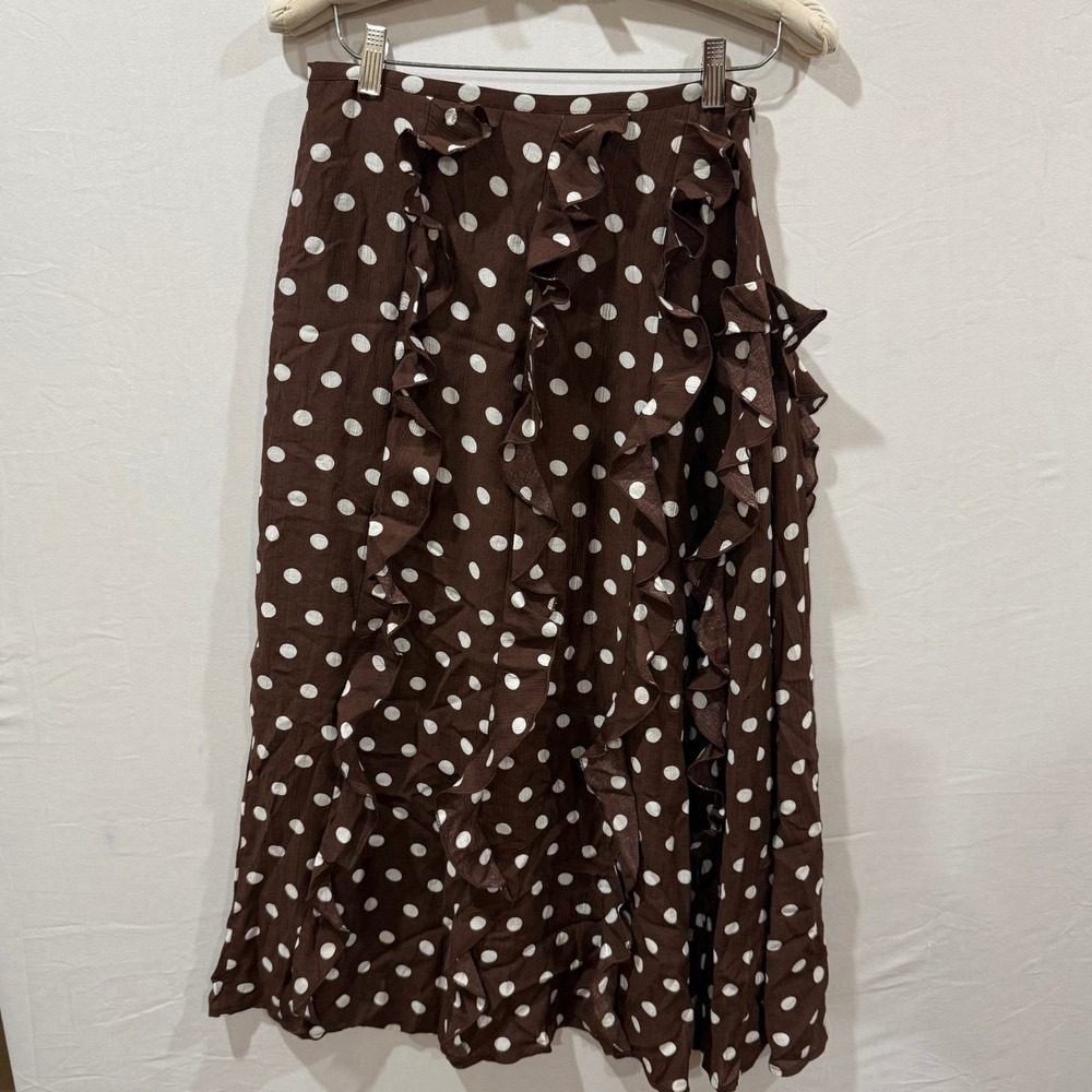 Doe and Rae Brown Polka Dot Ruffle Midi Skirt Small High Waisted Boho Crepe